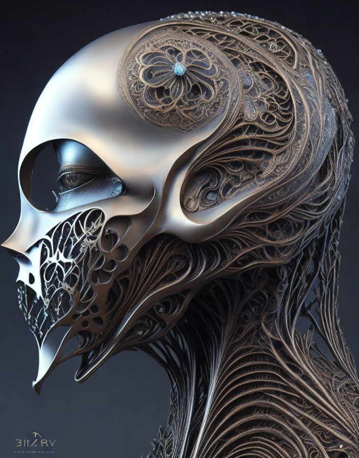 Detailed 3D Rendering of Decorative Metallic Skull with Floral Patterns