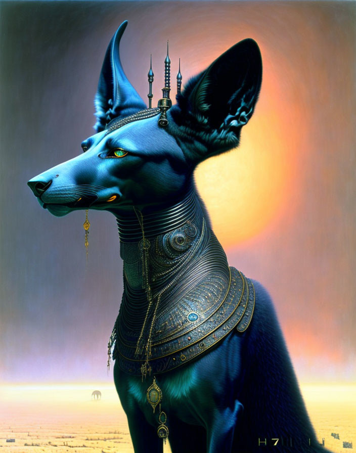 Dog with Human-Like Features in Egyptian-Style Jewelry on Desert Background