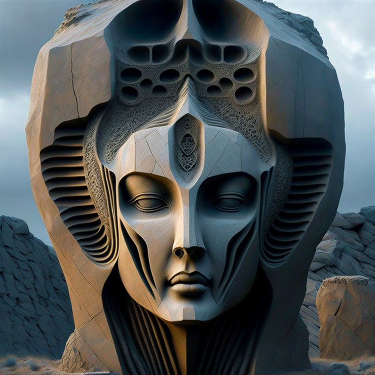 Symmetrical sculpted face blending into rocky landscape with intricate designs