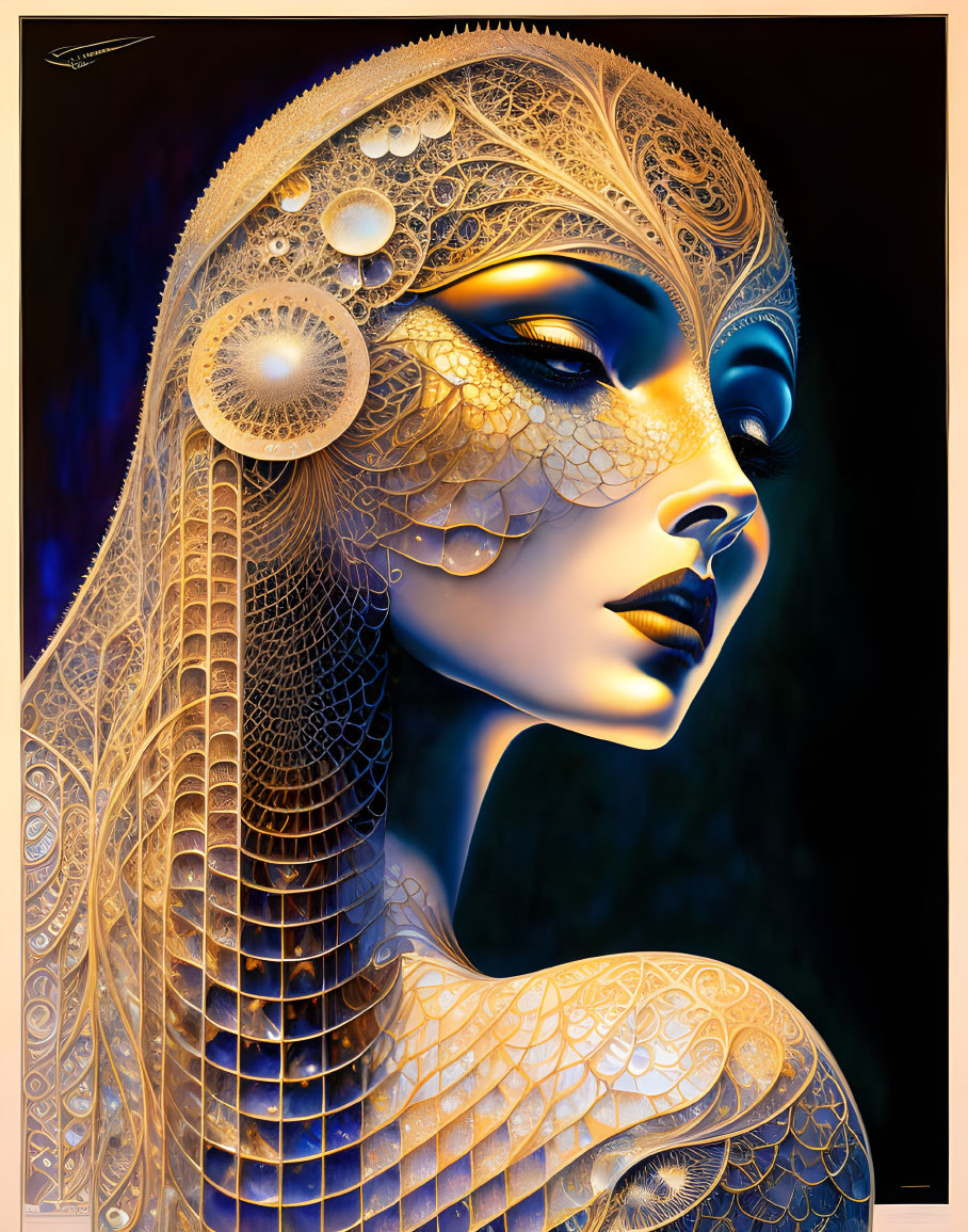 Stylized female figure with golden lace patterns on dark background