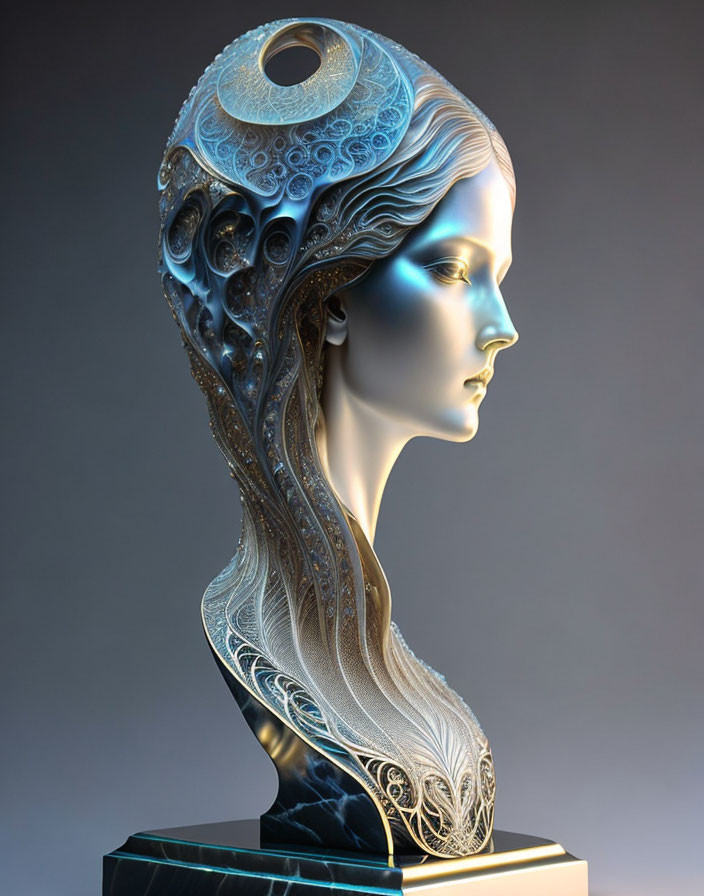 Fantasy-style female bust sculpture with crescent moon motif on gradient background.