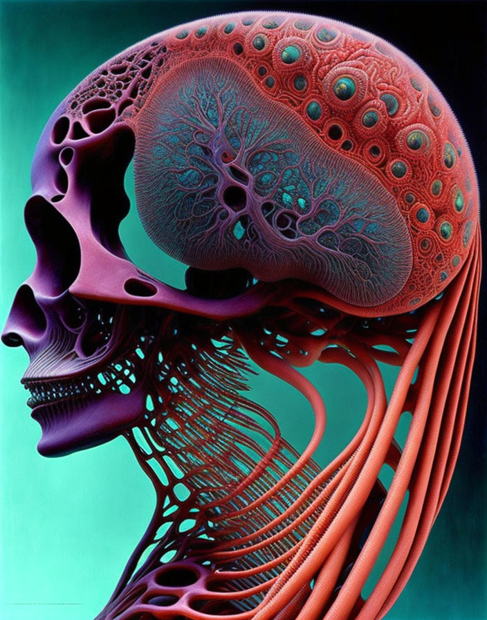 Intricate red patterned human skull on teal background