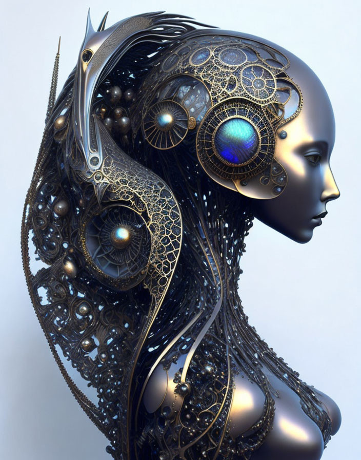 Profile view digital artwork: humanoid figure with steampunk mechanical details & gear-like hair.