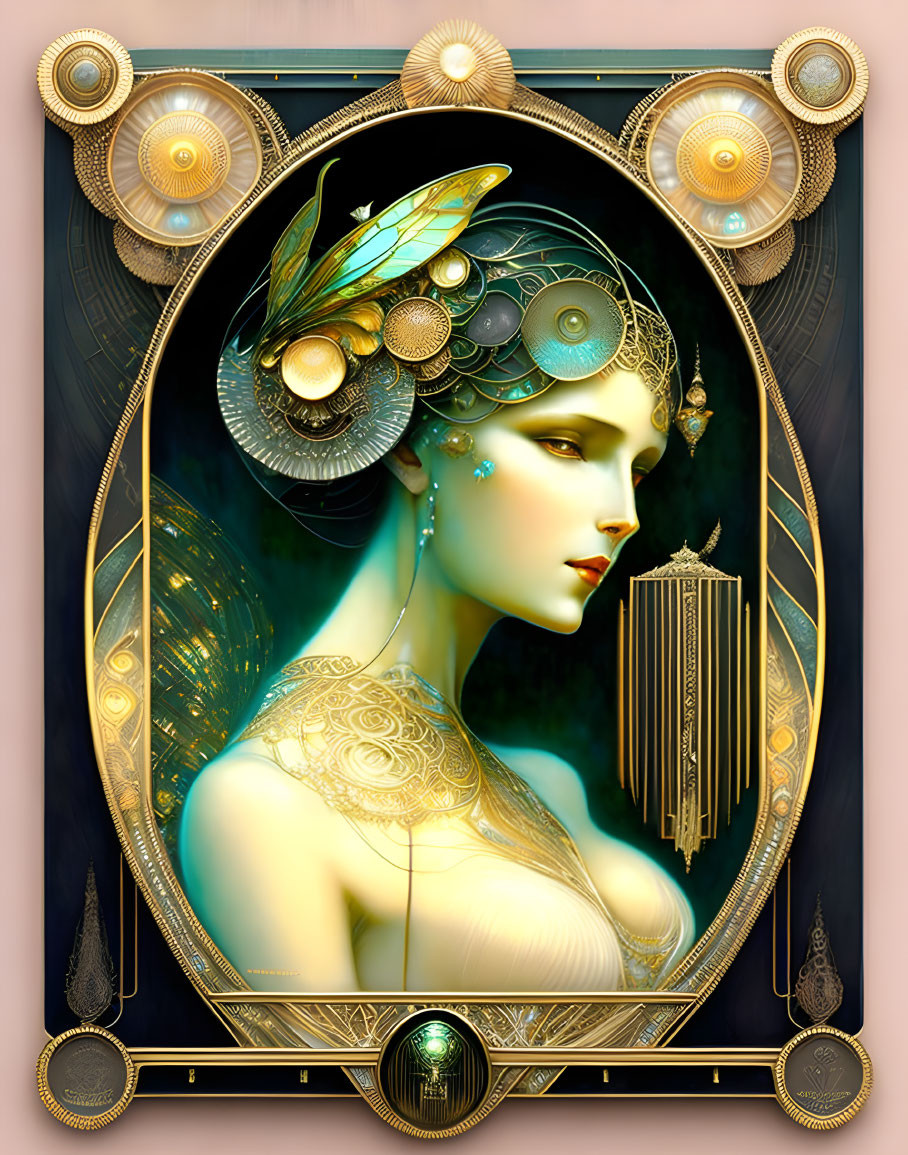 Art Deco-style woman illustration with metallic adornments and headdress on canvas