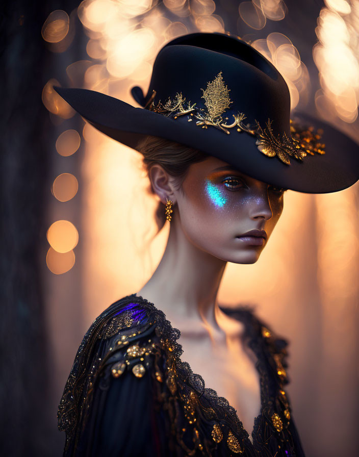 Glittery makeup woman with decorated hat in bokeh light.