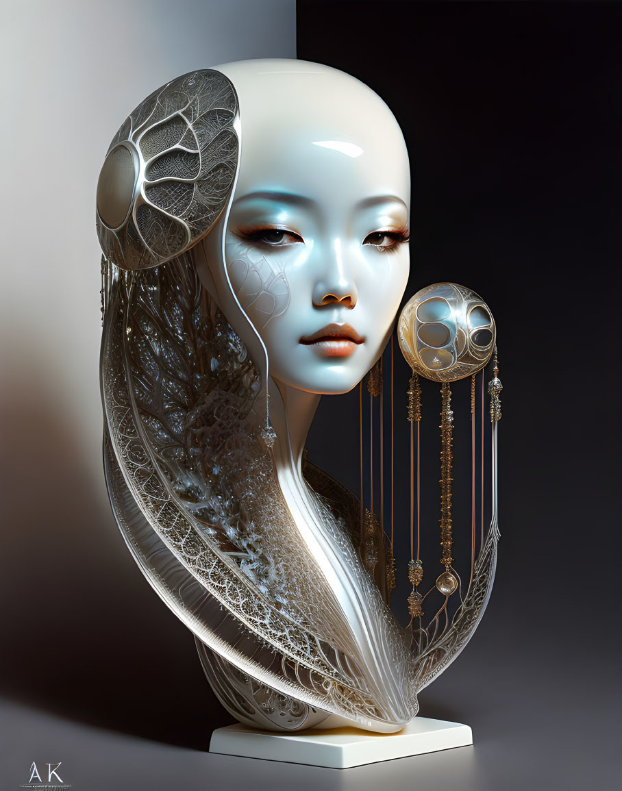 Surreal humanoid bust with porcelain finish and ornate accessories