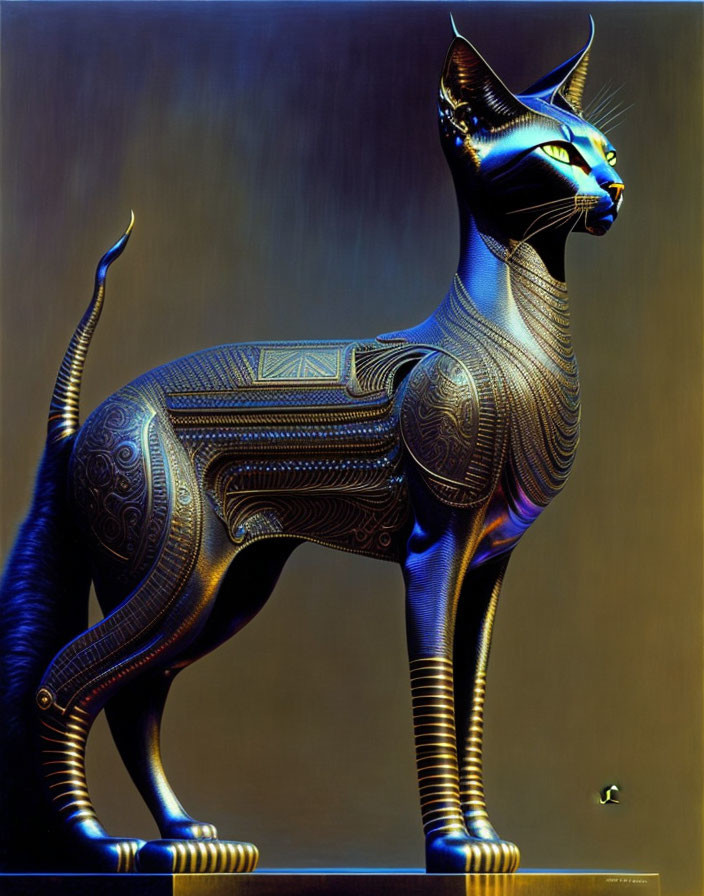 Futuristic metallic cat with intricate patterns on dark background