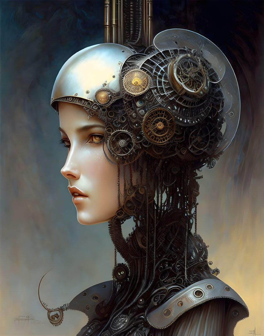 Detailed portrait of a woman with steampunk mechanical headpiece