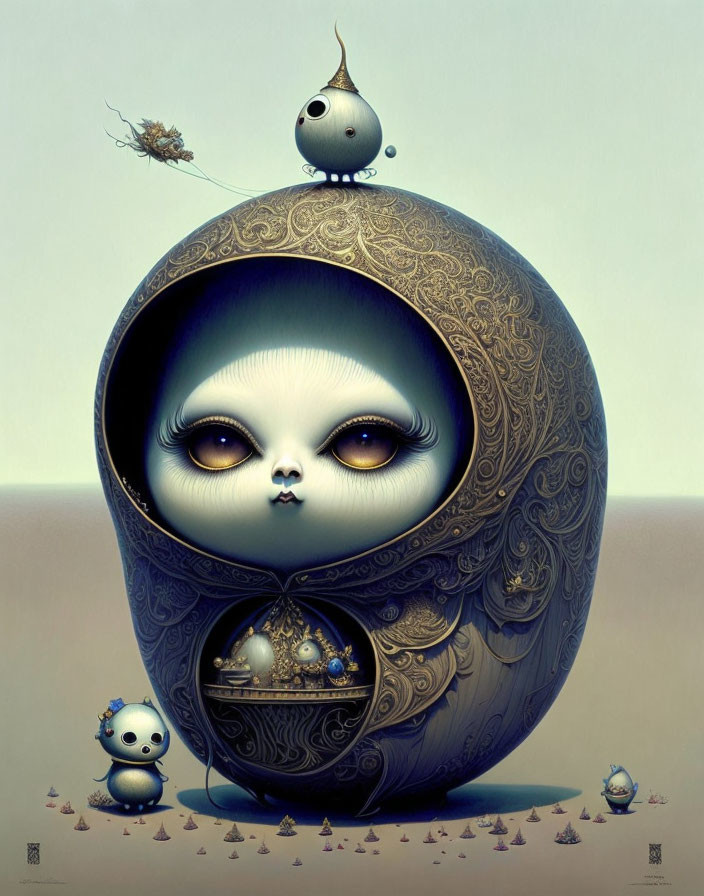 Surreal artwork featuring large-headed character, small beings, and floating ship