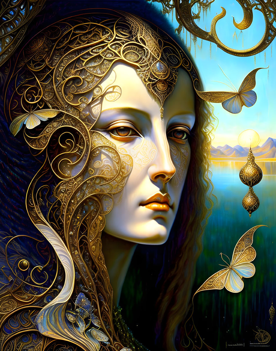 Digital artwork of female figure with gold filigree and butterflies on surreal blue backdrop.