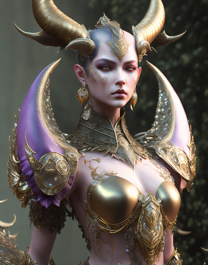 Fantasy female figure in golden armor with horns and purple cape.