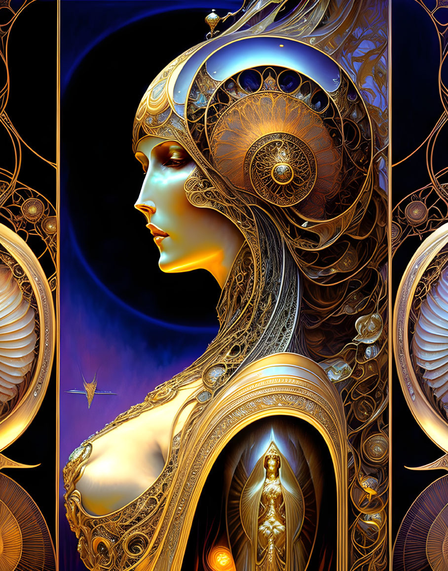 Intricate digital artwork of woman with golden headdress