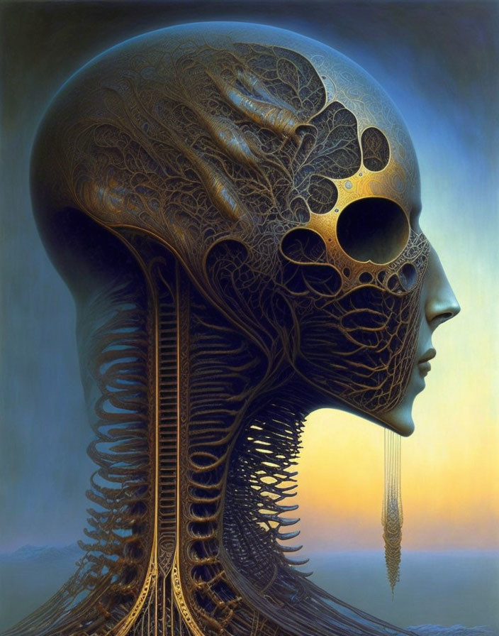 Detailed surreal humanoid figure with golden mechanical skull and spine on soft blue background.