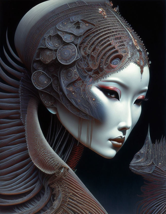 Detailed humanoid figure with futuristic and traditional Asian-inspired metallic headgear.