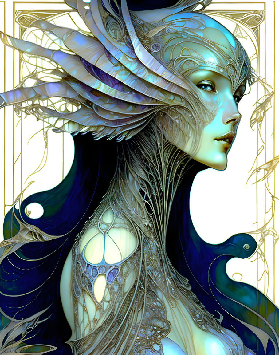 Blue-skinned woman with feathered headdress in gold art nouveau setting