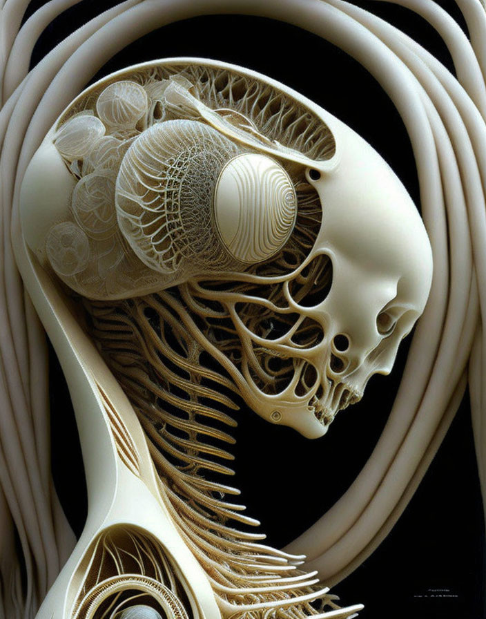 Stylized digital artwork of sculptural human skull with intricate organic patterns