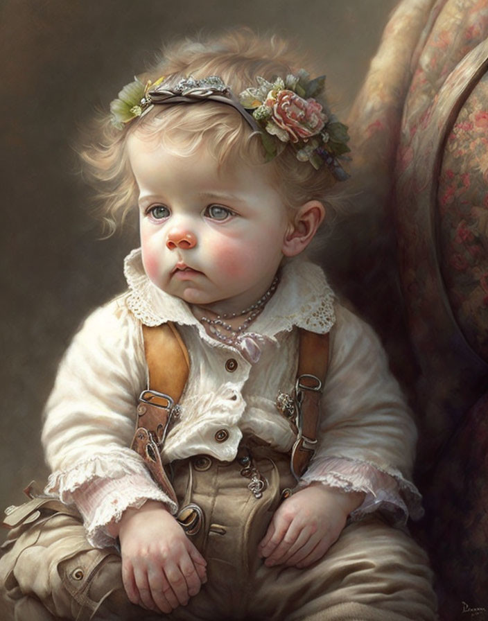 Baby in vintage attire with floral headband, gazing sideways