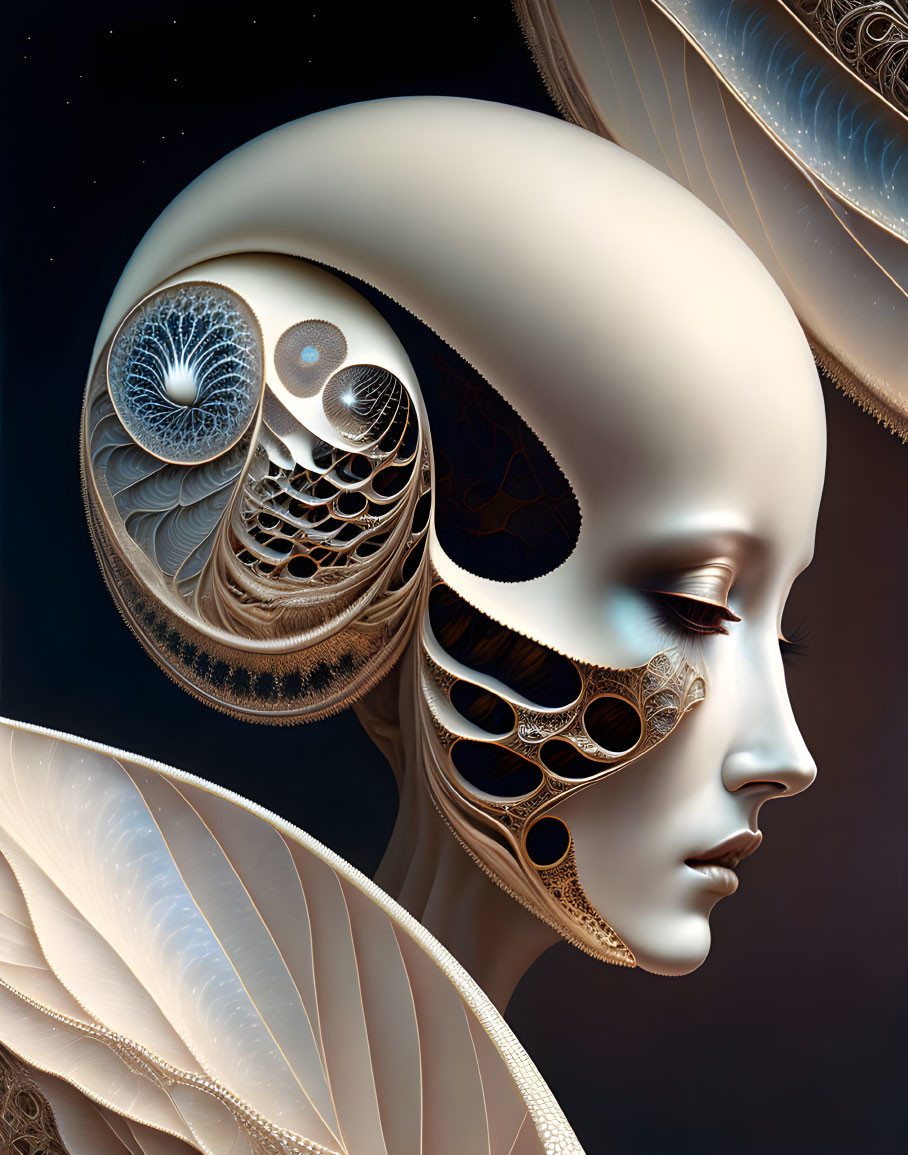 Surreal digital artwork: Human-like face with nautilus-shell patterns & mechanical elements