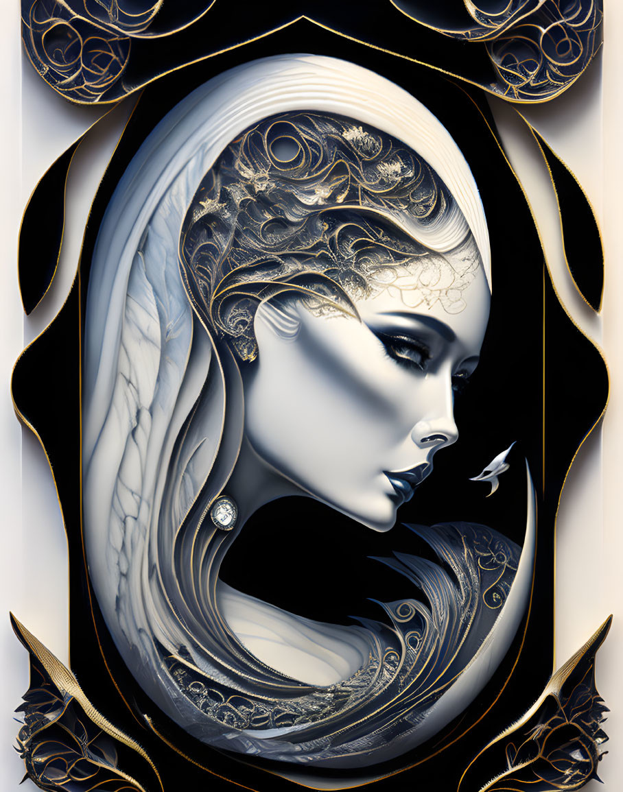 Sophisticated woman profile illustration with ornate filigree and metallic accents.