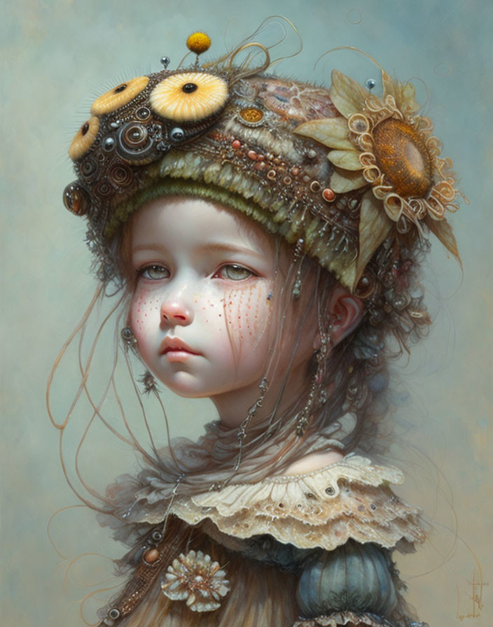 Portrait of girl with ornate mechanical headdress, freckles, and melancholic expression on soft