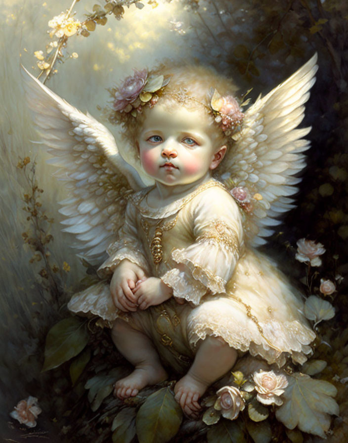 Cherubic figure with feathered wings and floral details gazes innocently.