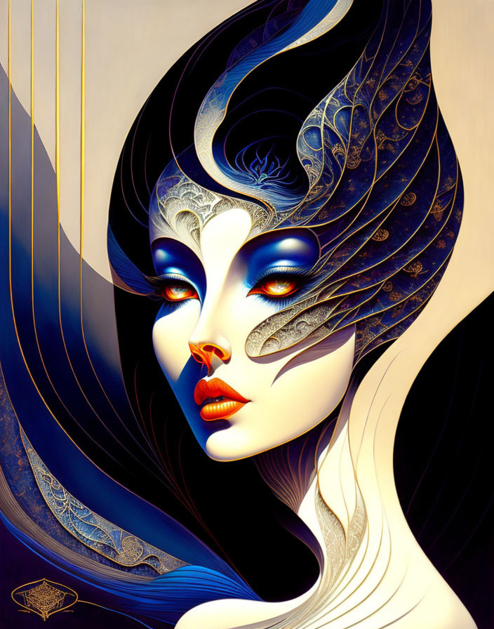 Stylized woman with blue and gold headdress and striking makeup on golden and blue background