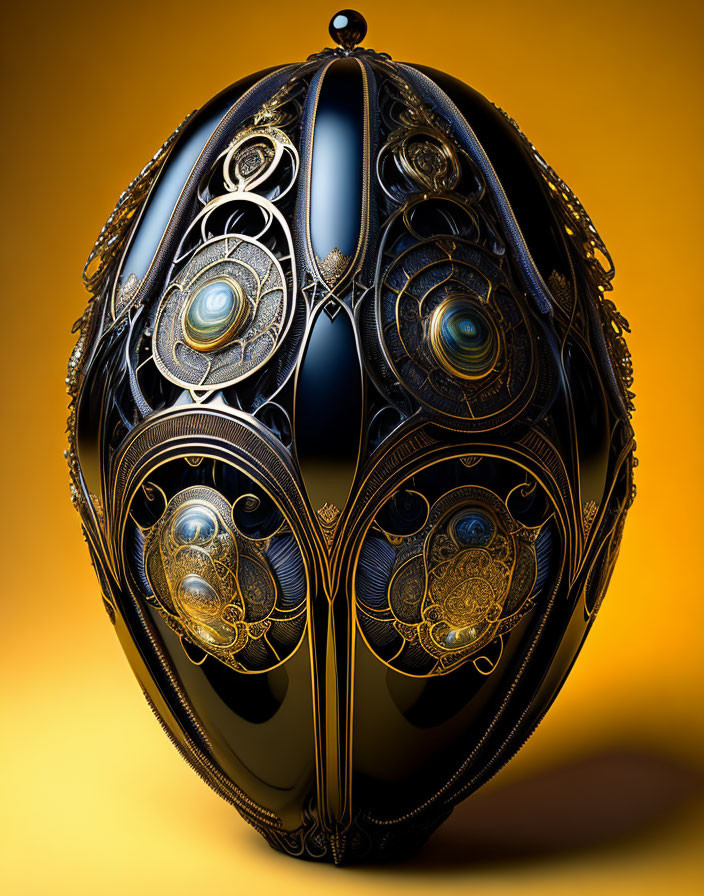 Black Oval Object with Golden Filigree & Peacock Feather Motifs on Warm Yellow Background