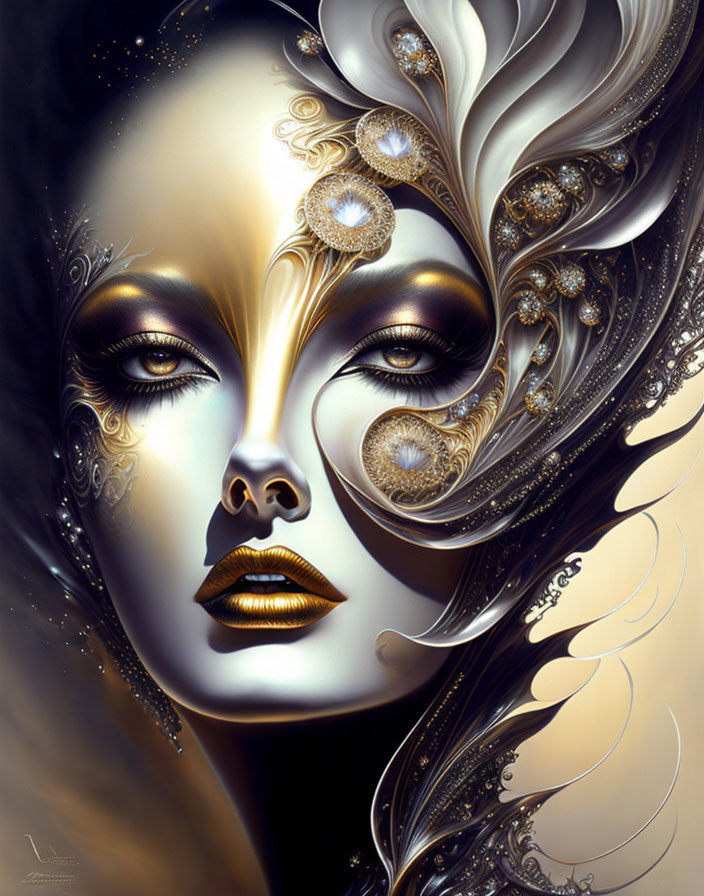 Detailed illustration of woman with stylized makeup and gold embellishments