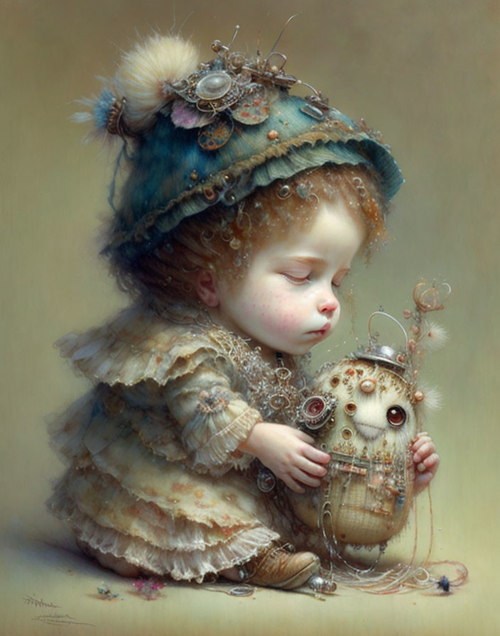 Whimsical painting of child with clockwork owl