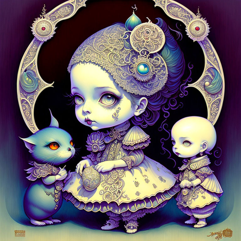 Gothic-style artwork with girl, blue cat creature, and skull figure in ornate attire