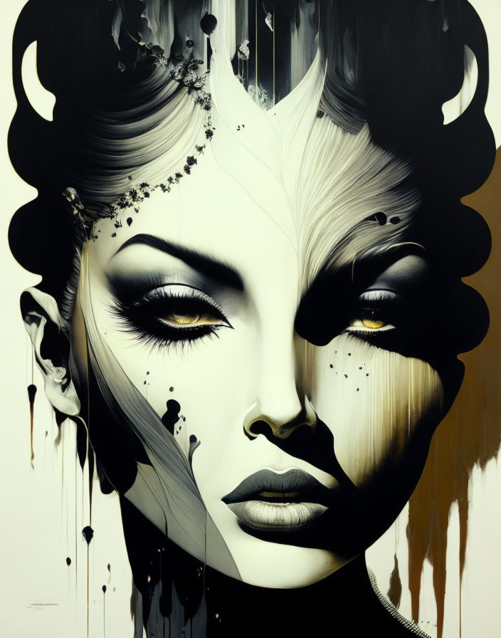 Stylized woman portrait with dramatic makeup and abstract black patterns