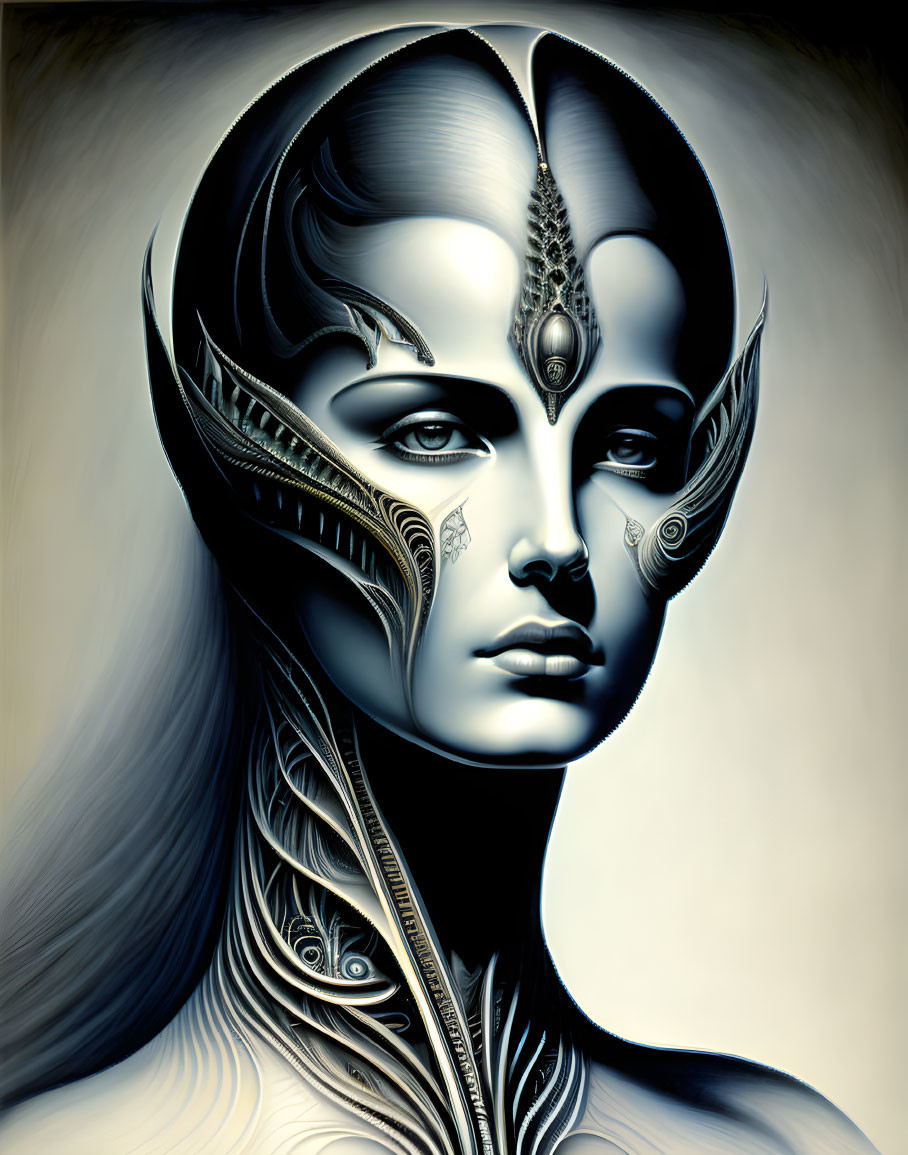 Stylized female figure with metallic skin and ornate headgear