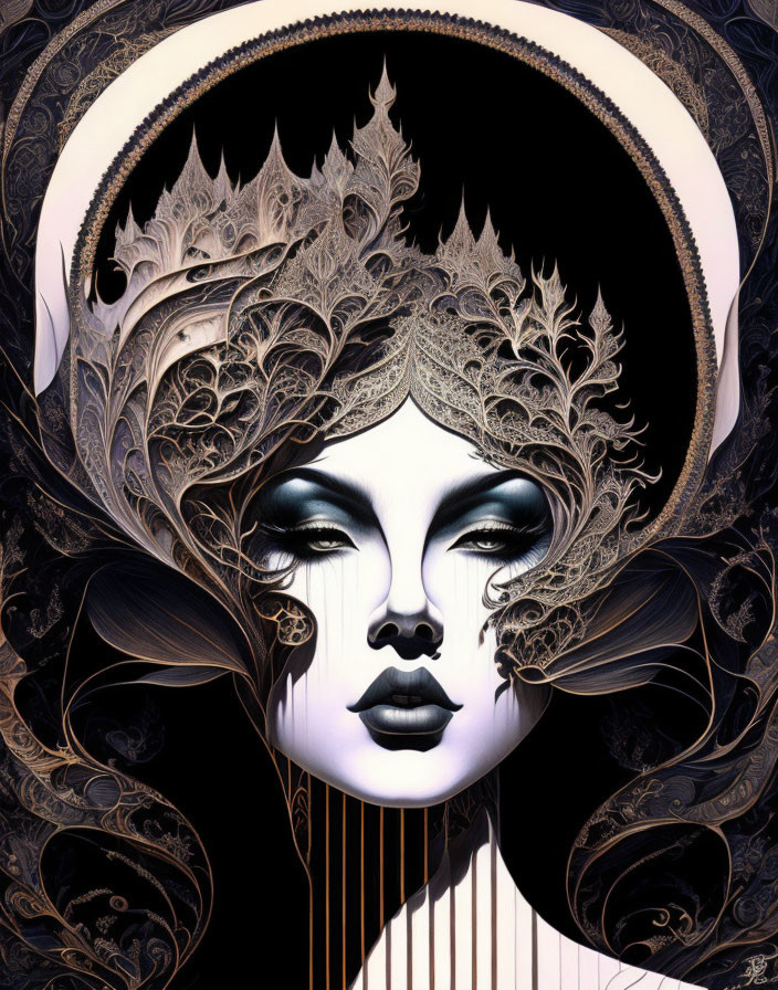 Mystical female figure with ornate headpiece on dark background