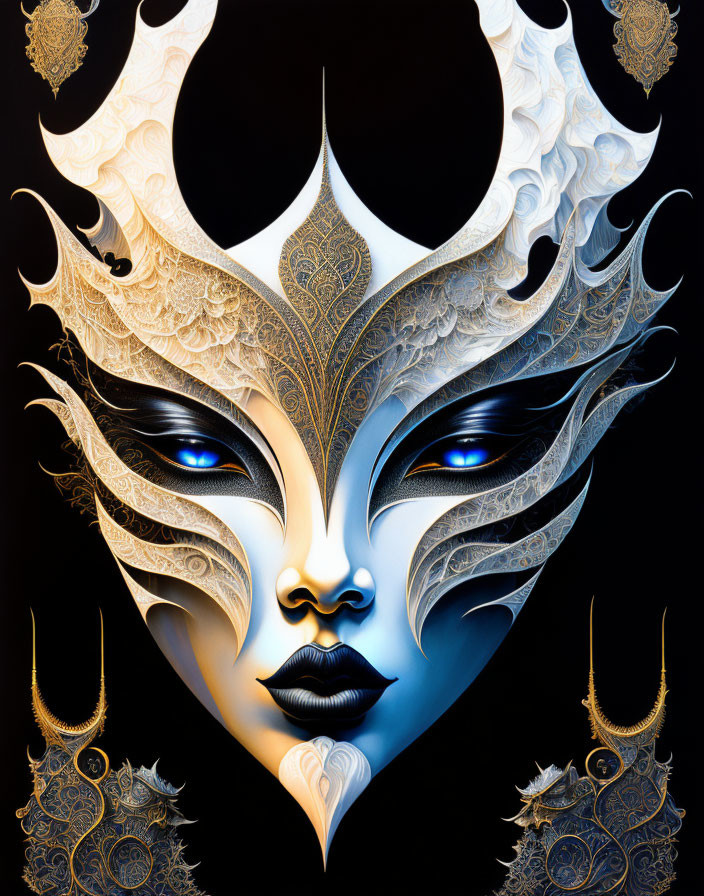 Symmetrical digital artwork: Face with ornate gold and white mask, blue eyes, black background