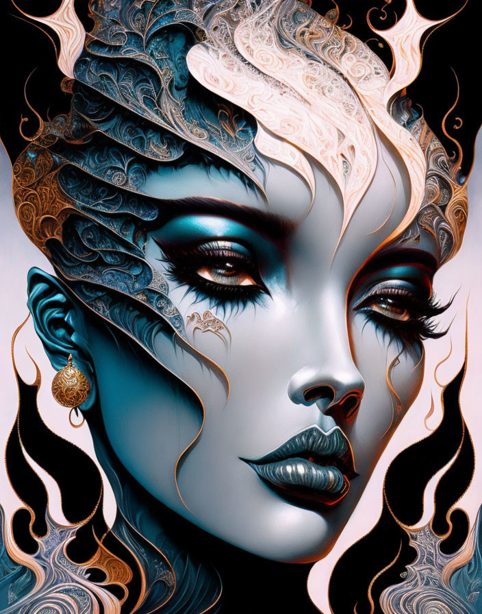 Fantastical woman with white & gold headpiece, tattoos, piercing eyes, ornate earring