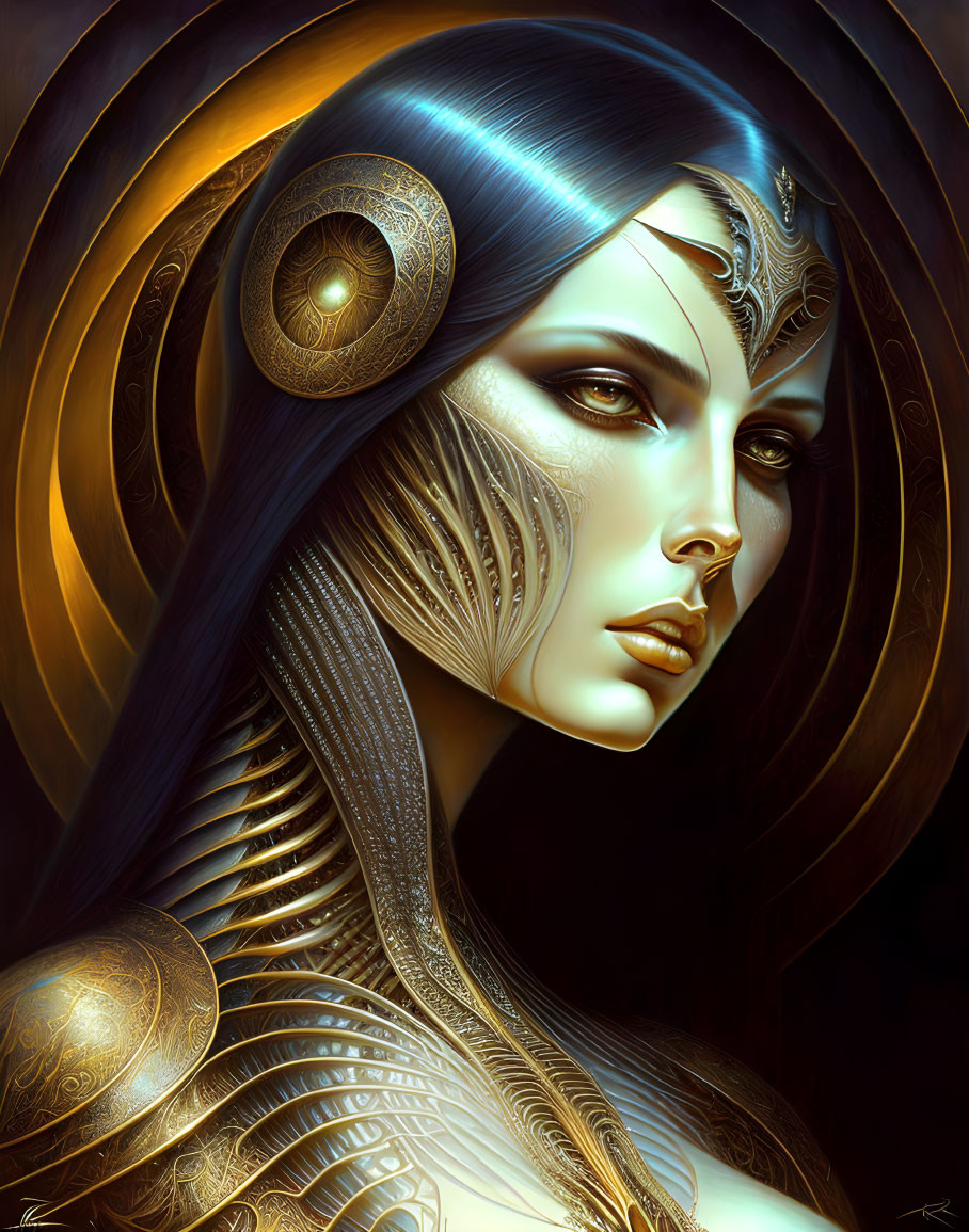 Ethereal woman in golden armor with circlet and halo background