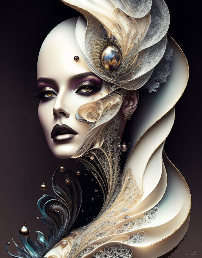 Digital Artwork: Woman with Ornate Headpiece in Gold and Pearl Tones