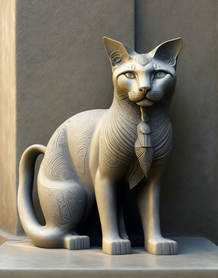 Stylized cat statue with intricate patterns and pendant art depiction