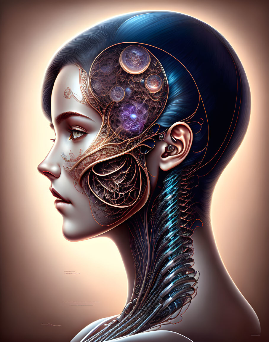 Profile of Woman with Biomechanical Design and Glowing Accents