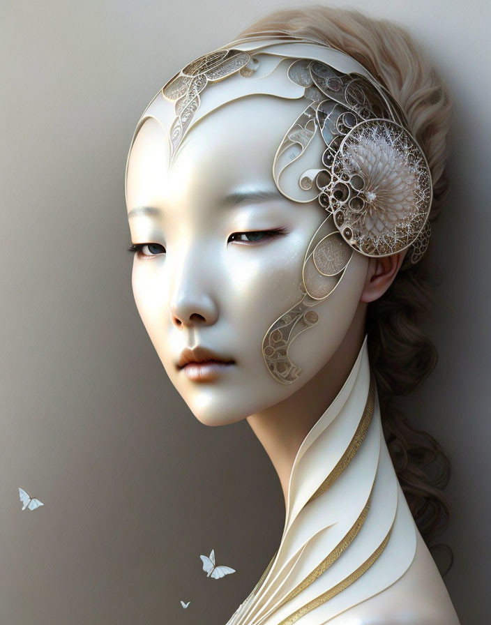 Digital artwork: Woman with porcelain skin, silver headpiece, motifs, and white butterflies.