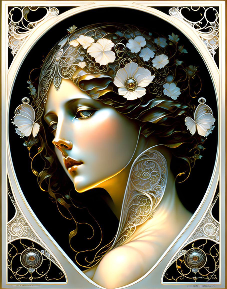 Woman's profile in Art Nouveau style with gold and white floral designs.