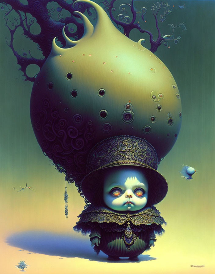 Surreal Artwork: Childlike Figure with Large Eyes and Ornate Vessel