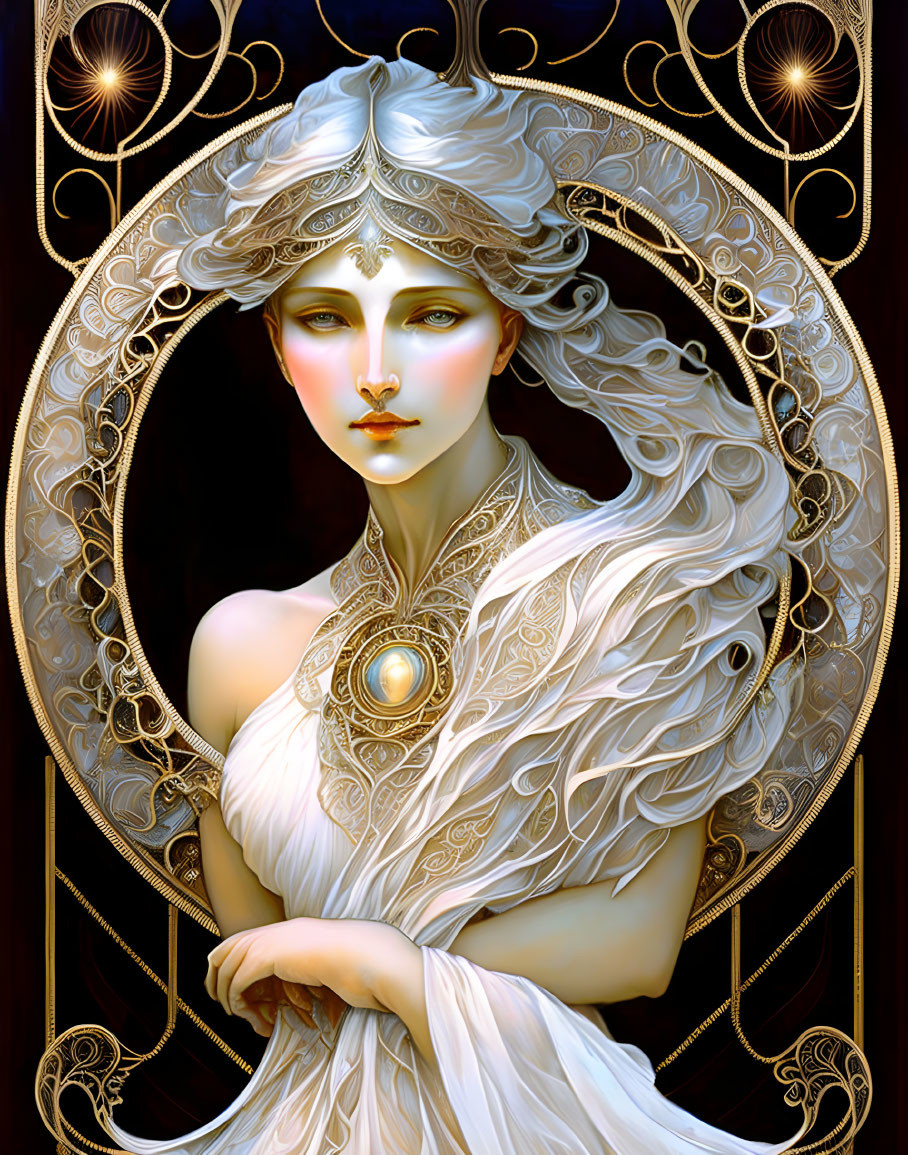 Ethereal figure in white draped garment with golden Art Nouveau motifs