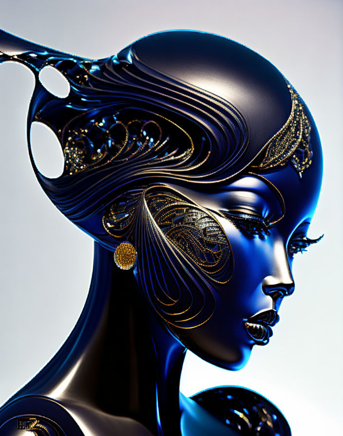 Stylized digital artwork of a female figure with blue and gold patterns