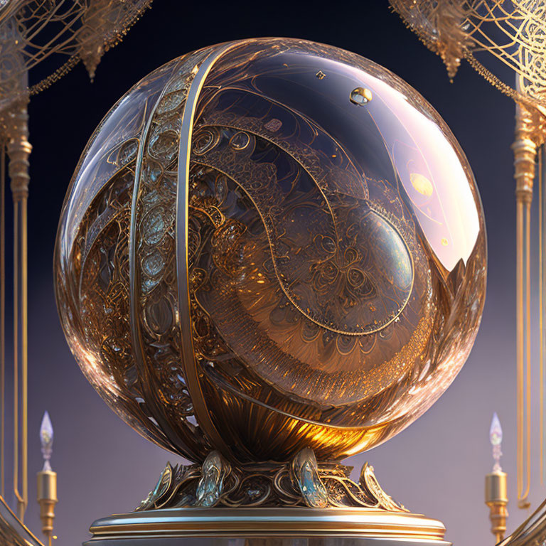 Intricate golden sphere with candleholders and chandeliers on moody backdrop