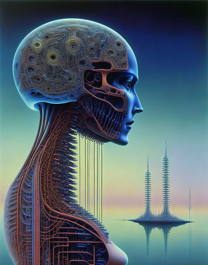 Futuristic humanoid profile with mechanical skull against serene backdrop