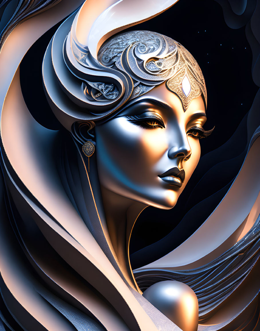 Stylized digital artwork of silver-skinned woman with ornate headpiece