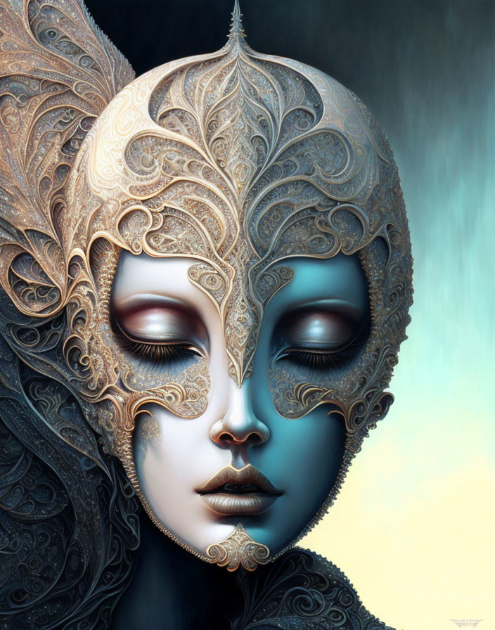 Detailed illustration of person with ornate metallic mask.