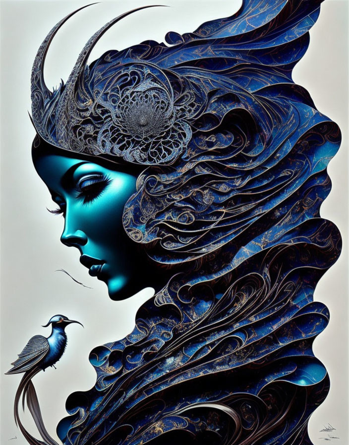 Intricate artwork of woman with blue skin and ornate hair blending with abstract patterns