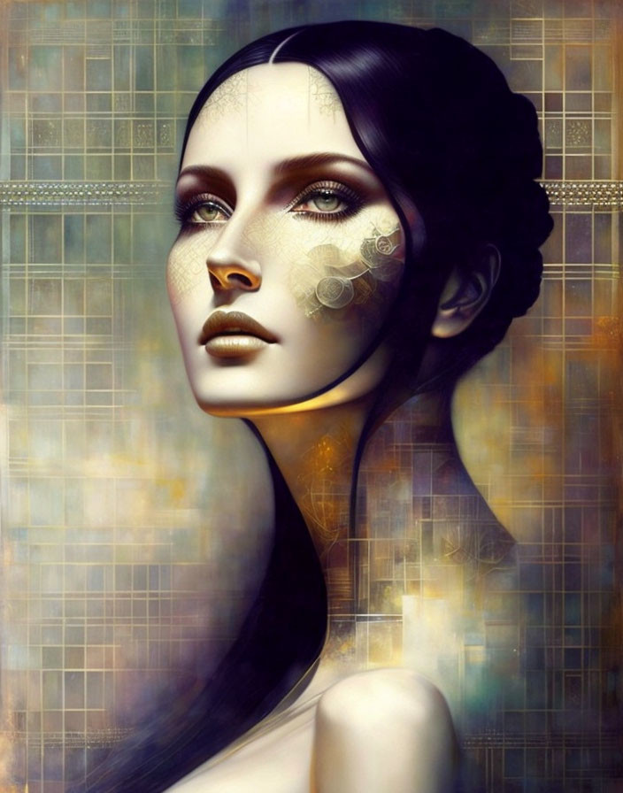 Digital painting of woman with mechanical patterns on face against golden grid.